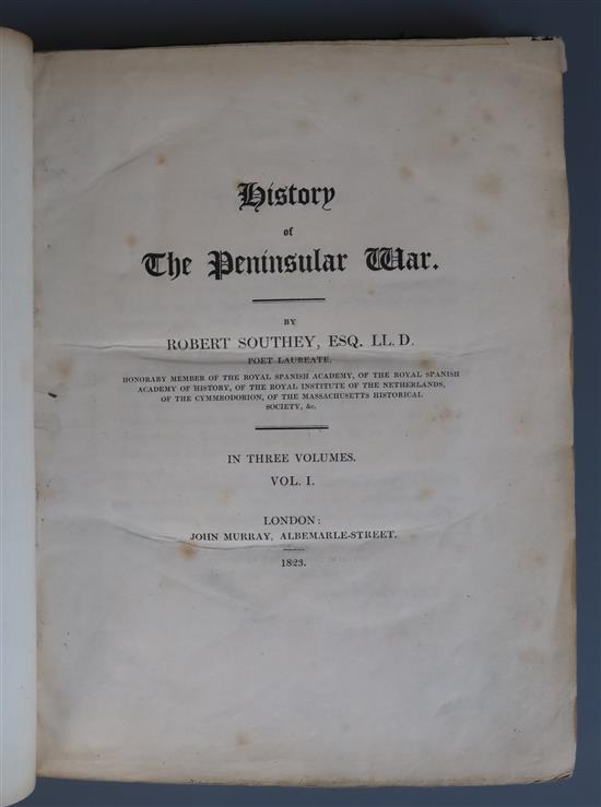 Southey, Robert - History of the Peninsular War, 3 vols, qto, drab boards, spines split, front board to Vol 1